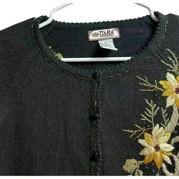 Tiara International Sweater Cardigan Small Black Embroidery Beaded - Picture 3 of 13
